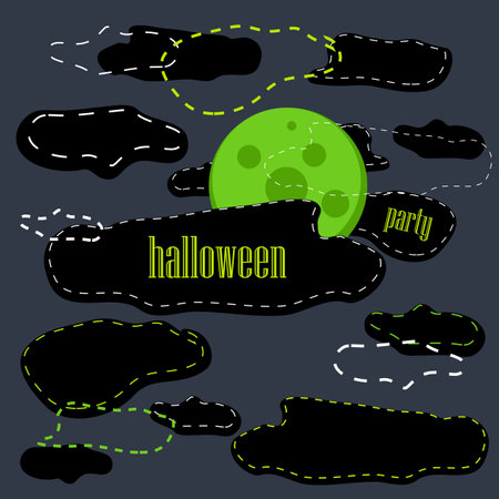 Vector halloween illustration. Green moon, clouds with dashed stroke and text: Halloween partyのイラスト素材