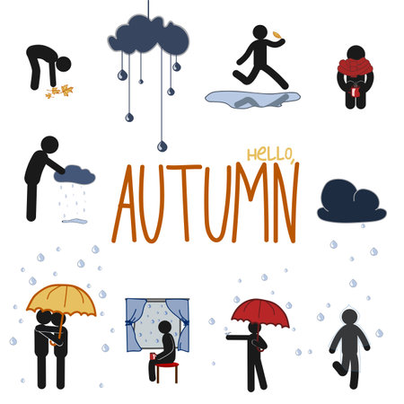 Autumn activity cute stick man set. Vector illustrationのイラスト素材