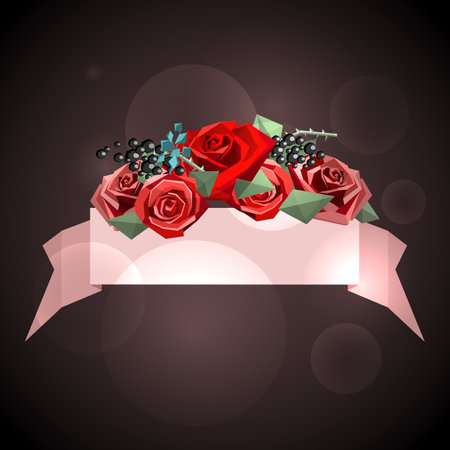 Ribbon for text and flower bouquet consisting of roses, decorative branches in low poly style.のイラスト素材