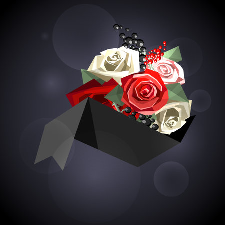 Ribbon for text and flower bouquet consisting of roses, decorative branches in low poly style.のイラスト素材