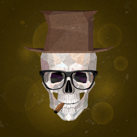 Vintage male skull with cigar, glasses and top hat in low poly style.のイラスト素材