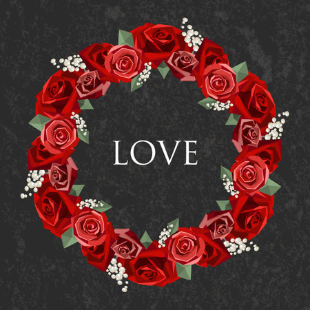 Flower wreathes consisting of roses and decorative branches in low poly style. Vector illustration.のイラスト素材