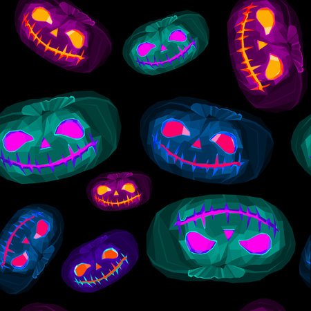 Low poly Halloween pumpkins with shined face. Seamless patternのイラスト素材