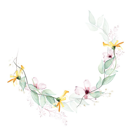 Watercolor painted floral wreath on white background. Transparent green branches, leaves, yellow and pink wild flowersのイラスト素材
