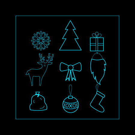 vector christmas line icon set on black backgroundのイラスト素材
