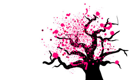 Isolated tree with abstract flowers of sakura. Pink dust and splashes looks like blossoms of Japanese cherry tree.のイラスト素材