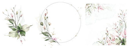 Greenery frame watercolor painted set. Templates with branches, green, pink leaves, flowers, golden texture elements.の写真素材