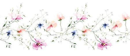 Watercolor seamless floral border frame on white background. Pink, orange, blue wild flowers, branches, leaves and twigsの写真素材