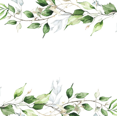 Watercolor painted greenery frame template. Bouquet with green, blue branches and leaves. Arrangement borderの写真素材