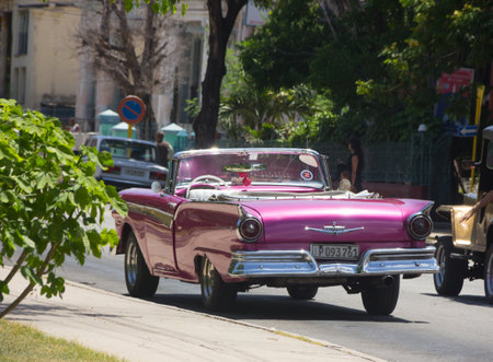 Havana, Cuba, July 2016. Retro purple car in the Vedado districtのeditorial素材