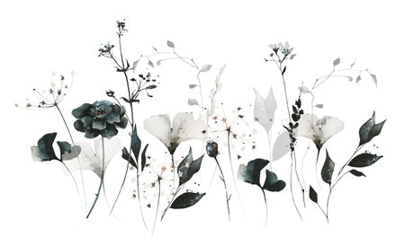 Watercolor floral bouquet of growing gray, black ginko biloba, marigold, wild flowers, leaves, branches, field herbsの写真素材