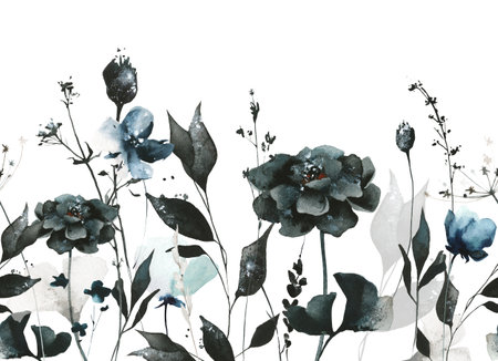 Watercolor floral seamless border of black, gray, blue marigold, rose, ginko biloba, wild flowers, leaves, branches.の写真素材