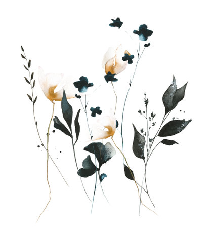 Watercolor floral growing arrangement of black ginko biloba, orange poppy, blue wild flowers, dark leaves, branches.の写真素材