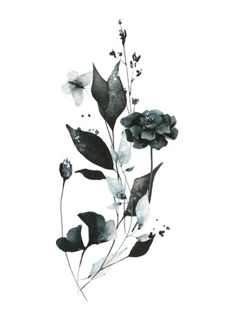 Watercolor floral bouquet of gray, black, blue marigold, dry buds, spikelets wild flowers, leaves, branches, field herbsの写真素材