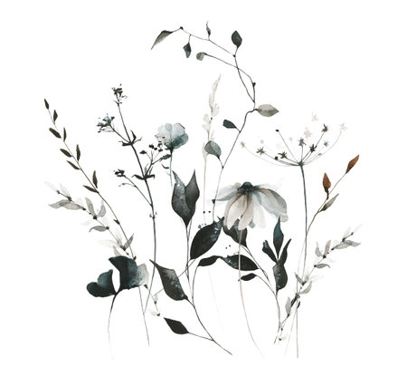Watercolor floral bouquet. Growing gray, black ginko biloba, chamomile, spikelets, dry liilte wild flowers, leaves.の写真素材