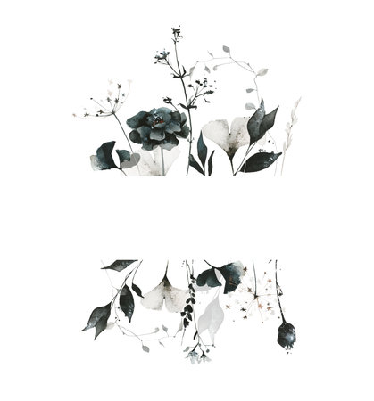 Watercolor floral border frame of black, gray marigold, rose, ginko biloba, little wild flowers, leaves, branches.の写真素材