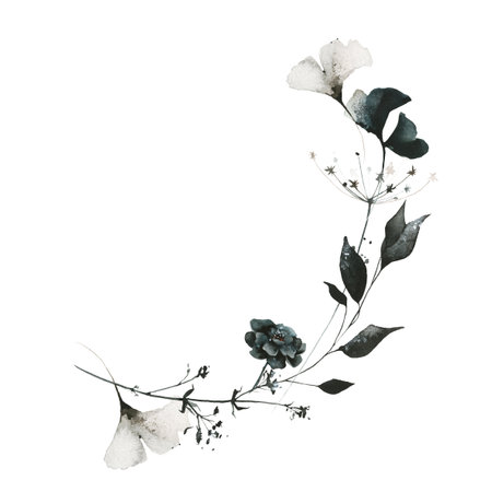 Watercolor floral round frame of gray ginko biloba leaves, black marigold, spikelets, wild flowers, branches, herbs.の写真素材