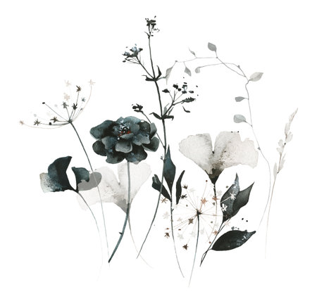 Watercolor floral bouquet of gray ginko biloba leaves, black marigold, spikelets, wild flowers, branches, field herbs.の写真素材