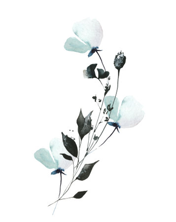 Watercolor floral semicircular frame of blue, turquoise, gray poppy, black buds, ginko biloba leaves, branches, herbs.の写真素材