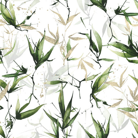 Watercolor exotic greenery seamless pattern. Green bamboo branches, leaves and golden texture twigs.の写真素材