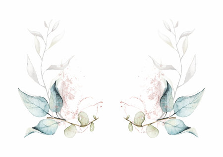 Watercolor painted floral symmetric frame. Arrangement with airy eucalyptus, branches, leaves, pink gold dust graphic elements.のイラスト素材