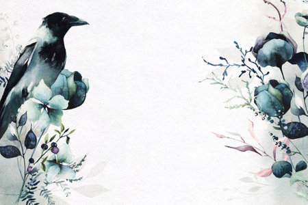Watercolor floral vertical bouquet and crow frame. Blue, turquoise flowers, wild swamp branches, leaves, blueberry twigsの写真素材