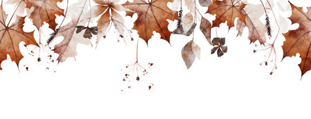 Watercolor autumn seamless border frame. Orange and gray fall dry maple leaves, wild branches and twigs, brown flowers.の写真素材