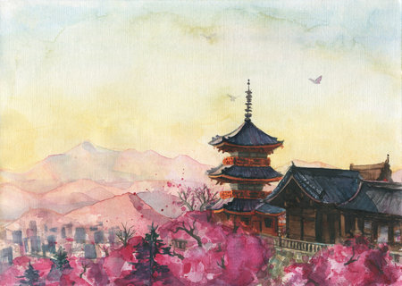 Watercolor Japanese landscape. Pink cherry blossom, pagoda Yasaka, mountains. Spring asian nature. Hand drawn paintingの写真素材