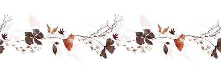 Watercolor autumn seamless border frame. Orange ginko biloba, burgundy maple leaves, dry brown flowers, branches, twigs.の写真素材