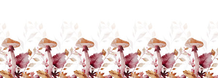 Watercolor autumn seamless border frame. Orange, burgundy, red maple leaves, mushrooms, spikelets, dry branches, twigs.の写真素材