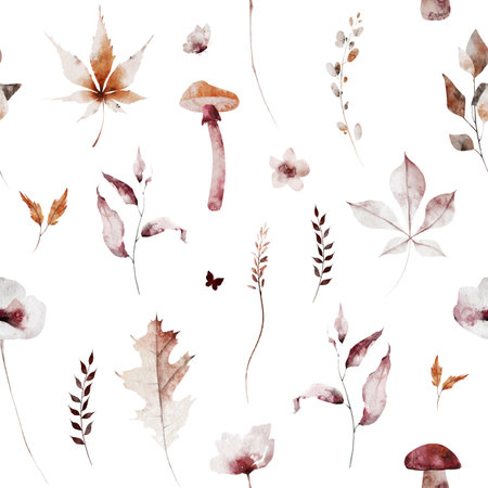 Watercolor autumn seamless pattern. Orange, beige, pink poppy flowers, mushrooms, dry fall leaves, twigs, branches.の写真素材