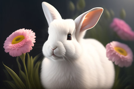 Easter bunny with pink flowers. Generative AI.の素材