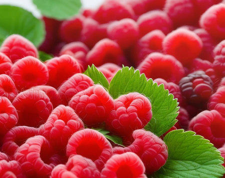 Close-up of raspberry with leavesの素材