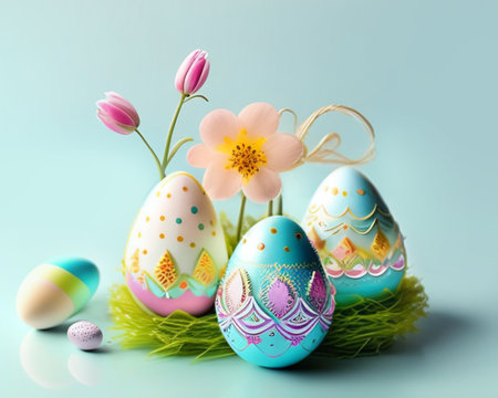 Decorated Easter eggs and flowersの素材
