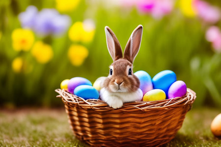 Little bunny in basket with eggs.の素材