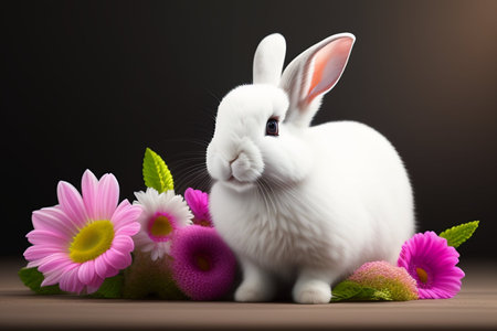 Easter bunny with pink flowers. Generative AI.の素材