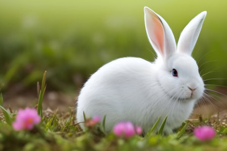 White rabbit in green grassの素材