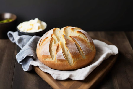 Round loaf of freshly baked sourdough bread.の素材