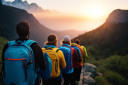 Group of friends hiking in mountains. Generative AIの素材