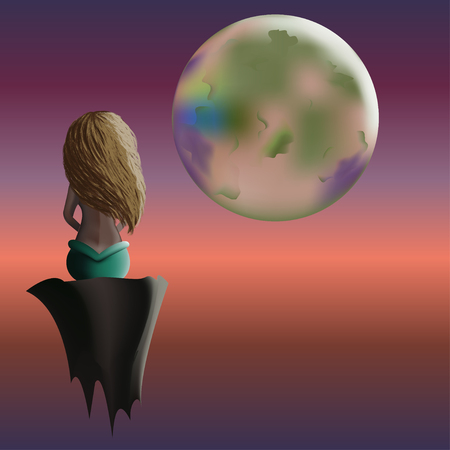 Mermaid sitting on the rock in air and looking at multicoloured planetのイラスト素材