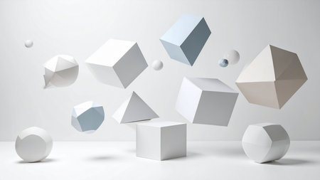 3d rendering of abstract geometric shapes. White and grey background.の素材