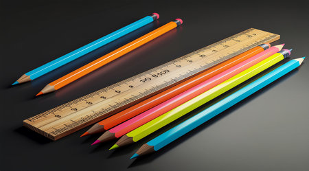 Pencils and ruler on black background. 3D illustration.の素材