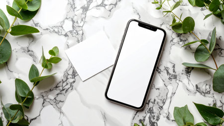 Smartphone mockup with blank screen and eucalyptus leavesle backgroundの素材