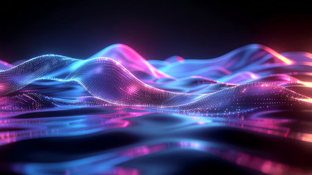 3d rendering of abstract wavy particles in empty space. Beautiful background with glowing particles. Futuristic wave.の素材