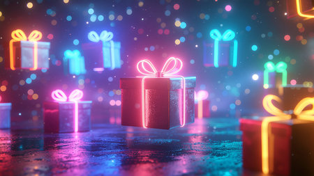 Glowing gift box on dark background with bokeh effect. 3D Renderingの素材