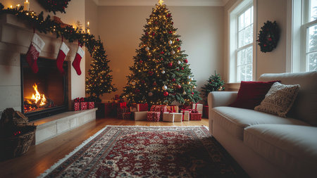 Beautiful living room with a Christmas tree, fireplace and gifts.の素材