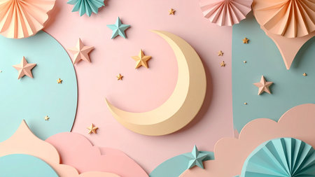 3d rendering of paper cut moon and stars on pastel backgroundの素材