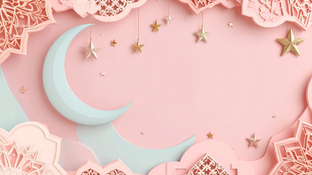 Crescent moon and stars on pastel pink background. Paper art style. 3D rendering.の素材