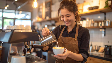 Portrait of a female barista making coffee in a coffee shopの素材
