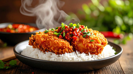 Crispy fried chicken drumsticks with rice and spicy chili sauceの素材